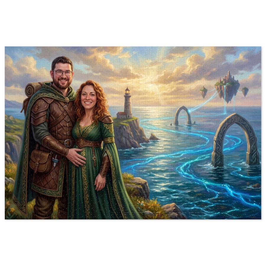 A 1000-piece puzzle: The two of us on the beach, but painted like a fantasy book cover