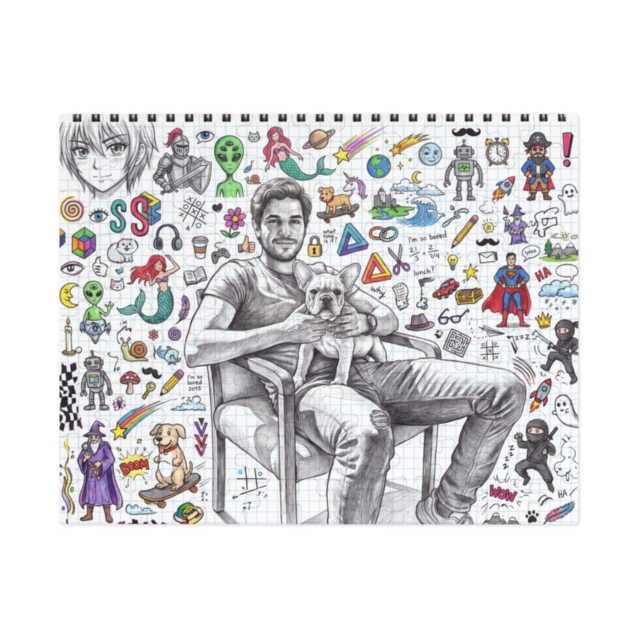 A 110-piece puzzle: Me and my dog, sketched like a doodle in a notebook