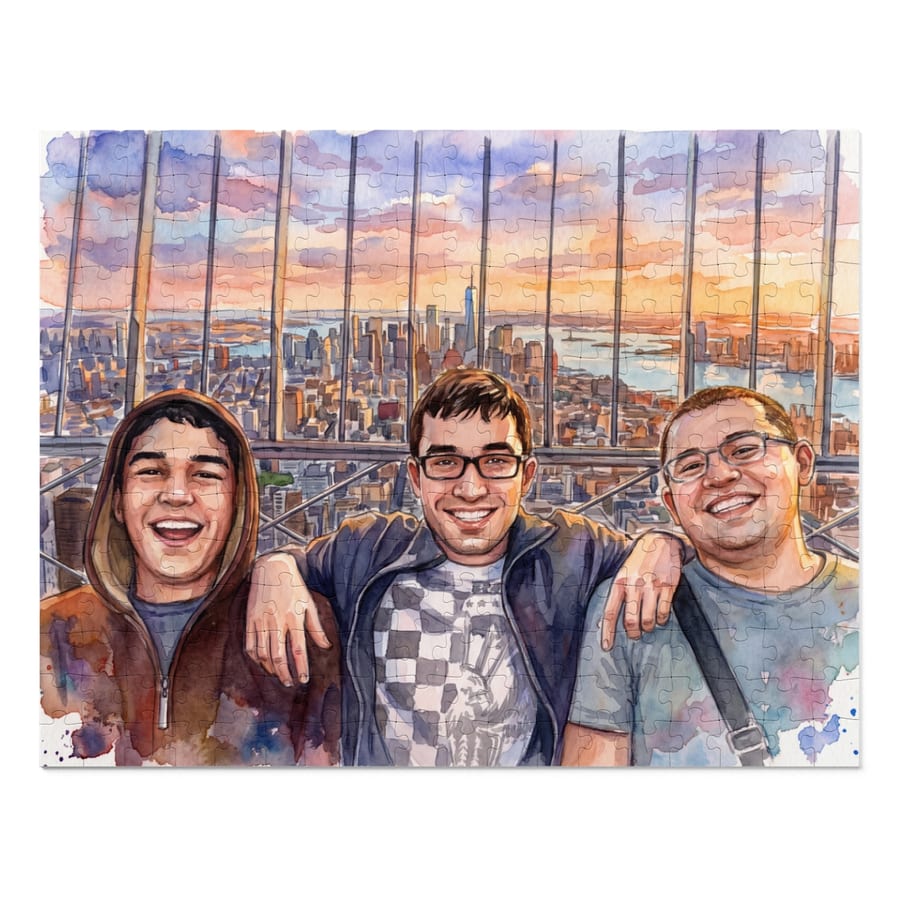A 252-piece puzzle: My brothers and me in New York at golden hour, painted in watercolour