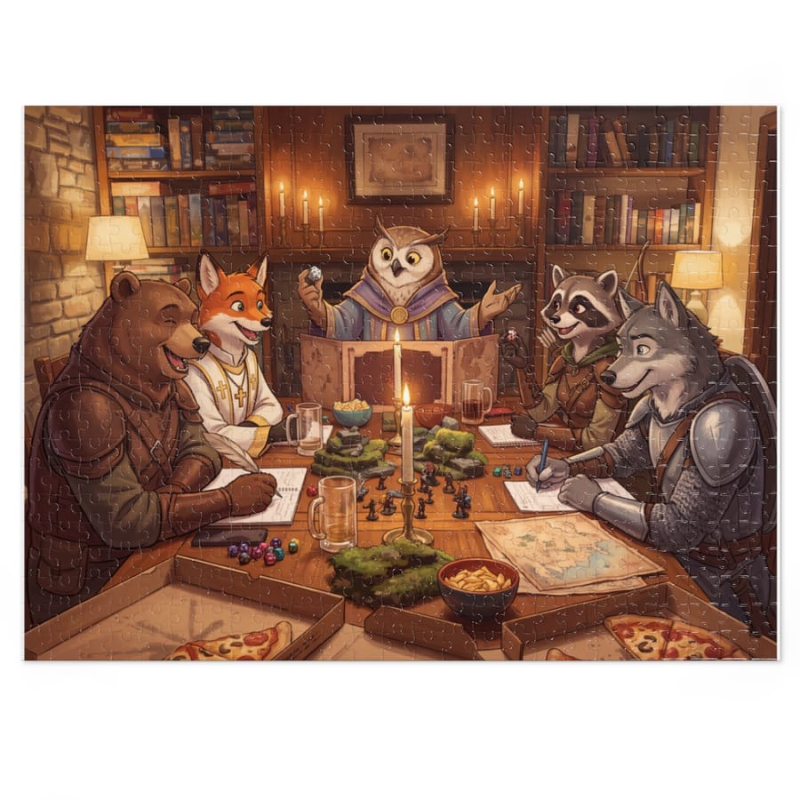 A 500-piece puzzle: Our tabletop group as the animal characters we actually play, sat around the table mid-game